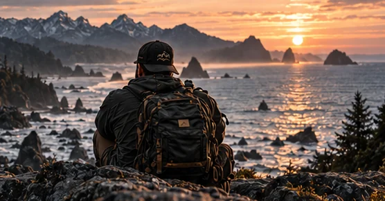 Sunrise over a rugged coastline, concept art