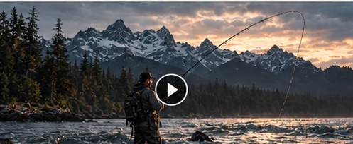 Fishing by a mountain river concept image